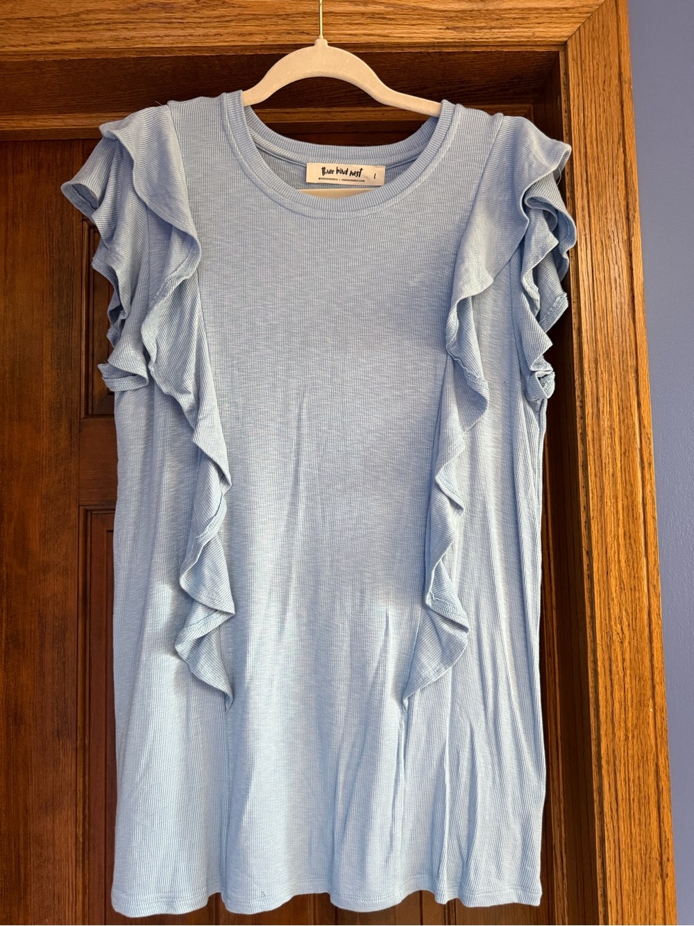 Three Bird Nest Light Blue Ruffle Sleeve Top, Size Large